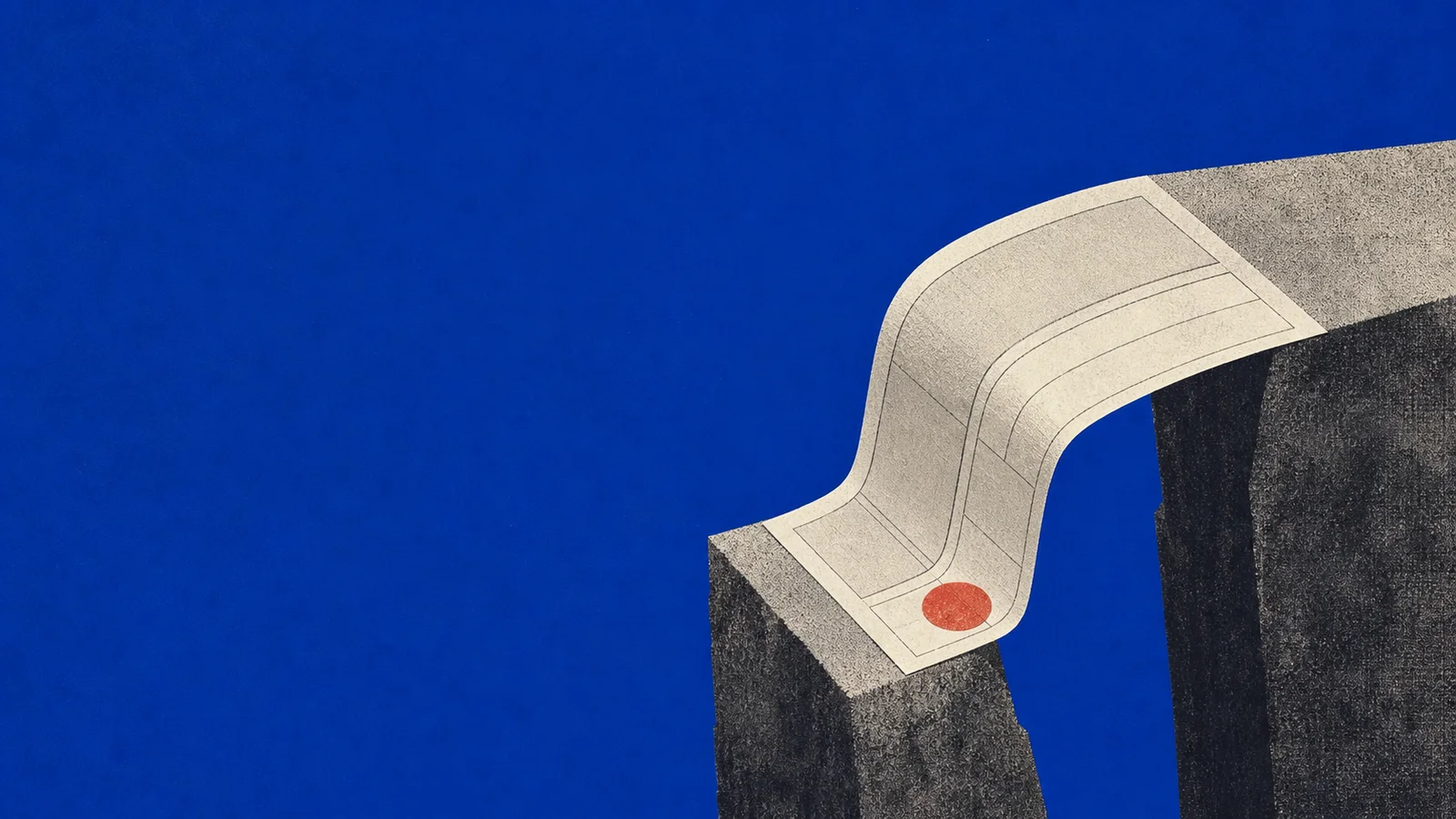 A blank paper form curves like a bridge between two dark blocks on a blue field.