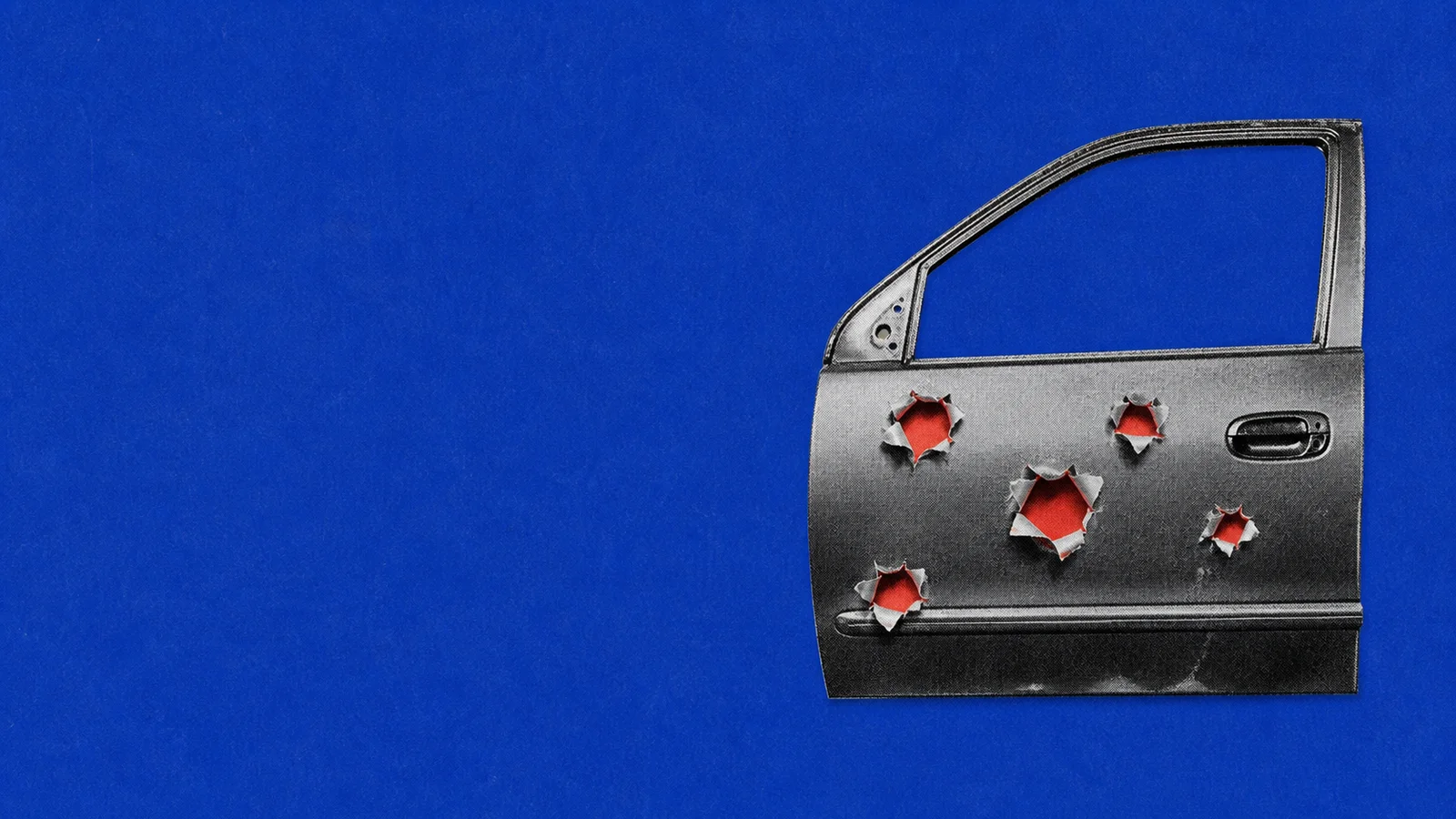 Grayscale car door with apparent bullet holes peeling away like red stickers on a blue field.