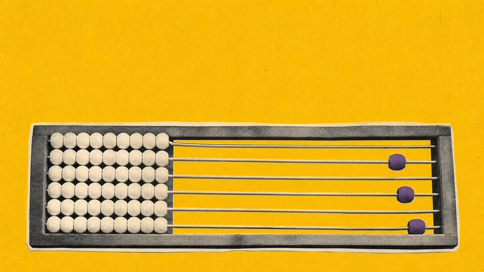 A grayscale abacus with most beads crowded on one side against a marigold field.
